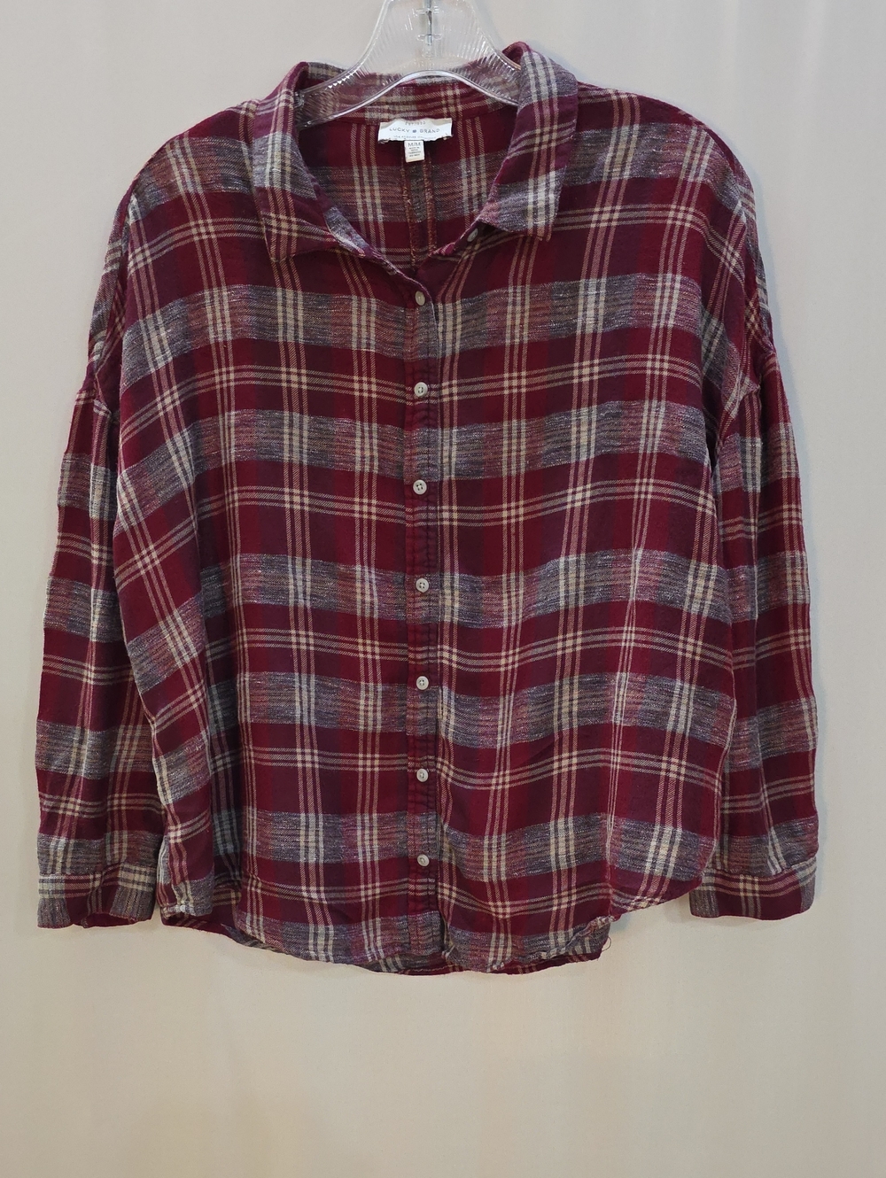 Lucky Brand Womens Plaid Button-Up Shirt in Burgundy Gray Size M Long Sleeve
